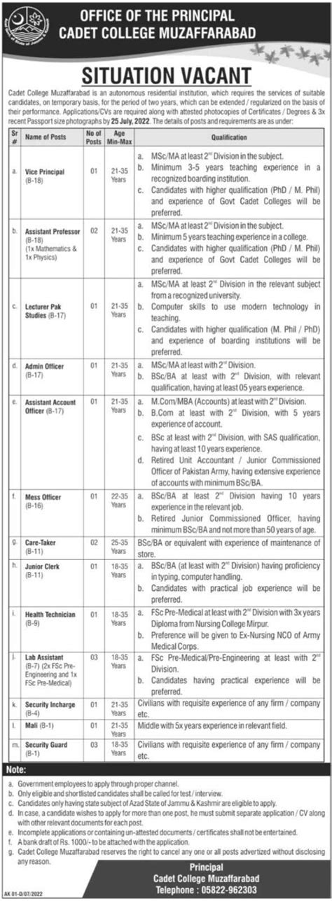 Jobs At Cadet College Muzaffarabad 2022 Latest Jobs In Pakistan