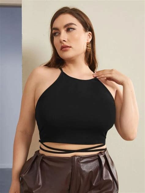 Shein Plus Criss Cross Tie Back Crop Halter Top Halter Crop Top Plus Size Crop Top Outfit