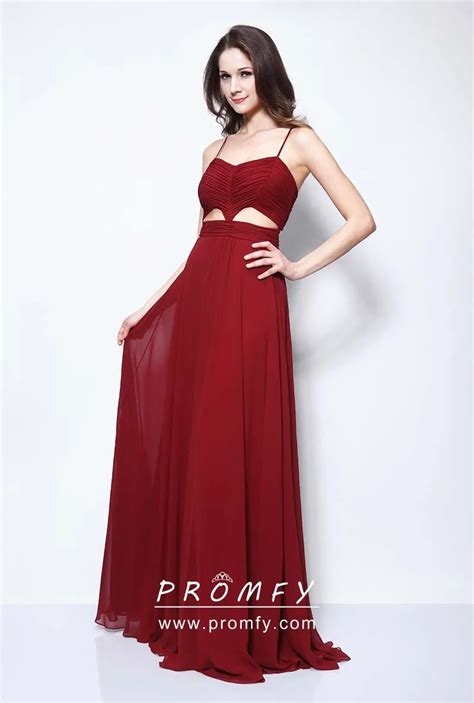 Dark Red Pleated Chiffon Cut Out Prom Dress Promfy