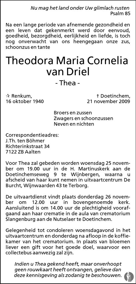 Theodora Maria Cornelia Thea Van Driel 21 11 2009 Overlijdensbericht