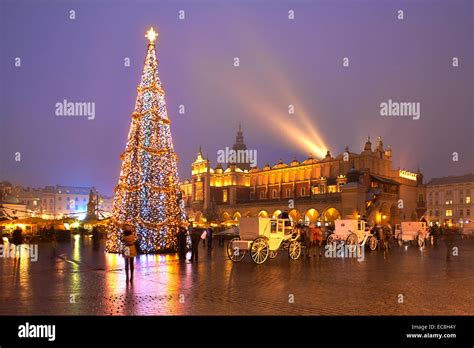 Poland Krakow Christmas Market Rynek Glowny Twilight Stock Photo