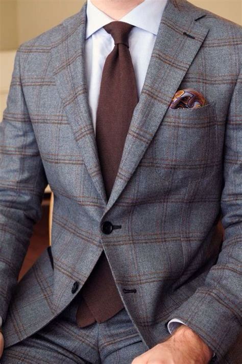 Grey And Brown Windowpane Plaid Suit Brown Tie White Shirt Mens