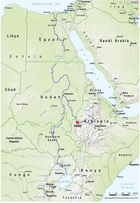 Map of the Nile River Basin that flows from the upstream southern ...