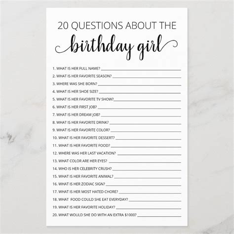 Questions About The Birthday Girl Birthday Game Zazzle Girls