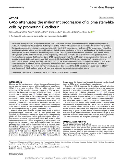 GAS5 Attenuates The Malignant Progression Of Glioma Stem Like Cells By