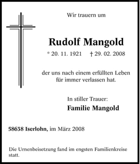 Trauer Und Todesanzeigen Von Rudolf Mangold Trauer De