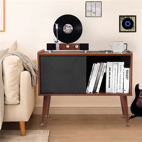 George Oliver Record Player Stand with Charging Station, Vinyl Record ...