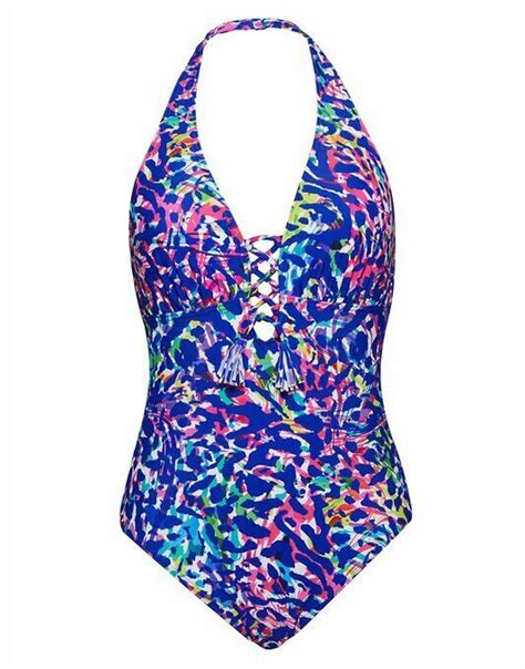 Figleaves Fiesta Non Wired Halter Plunge Swimsuit Multi Leopard Size R