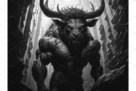 Minotaur Beast In Dark Labyrinth Animal Illustrations Creative Market