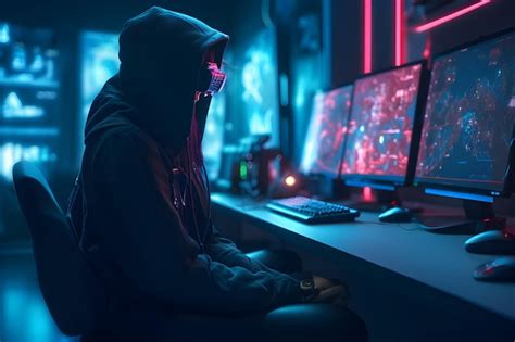 Hacker De Capuz Sentado Na Frente Do Monitor Do Computador Em Uma Sala