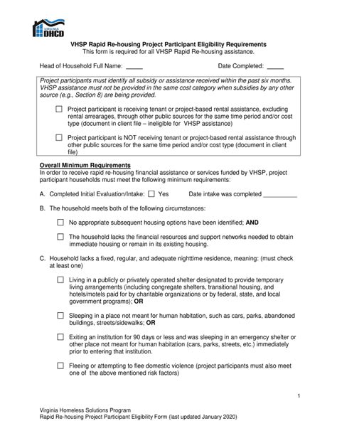 Fillable Online Dhcd Virginia Vhsp Rapid Re Housing Project Participant