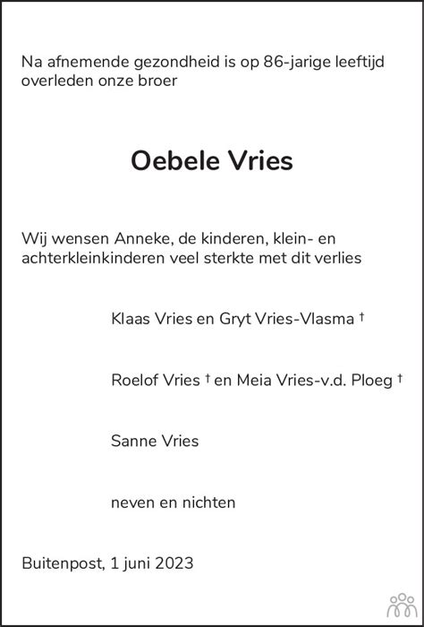 Oebele Barteles Vries Overlijdensbericht En Condoleances