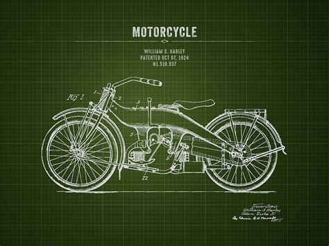 1924 Harley Davidson Motorcycle - Dark Green Blueprint Digital Art by ...