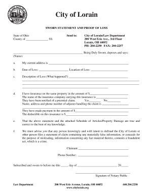 Sworn Statement And Proof Of Loss PDF City Of Lorain Fill Out And