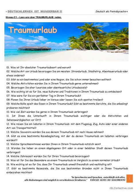 C1 Lass uns über TRAUMURLAUB reden Deutsch DAF Arbeitsblätter pdf doc