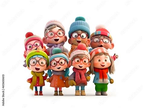 Cute cartoon characters in Christmas hats and scarfs at white ...