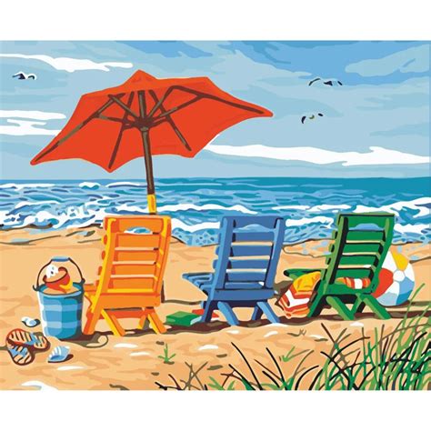 DIY Digital Oil Painting By Numbers Beach Chairs Scenery Image