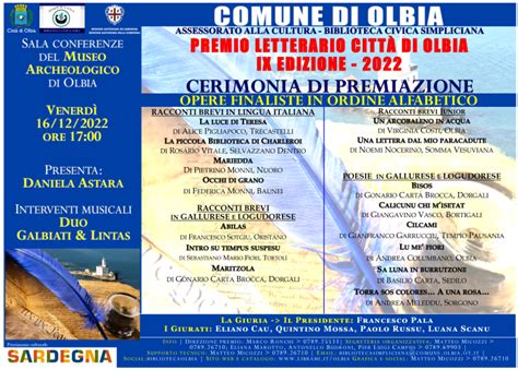 Finalisti Premio Letterario Città di Olbia IX Edizione Comune di Olbia