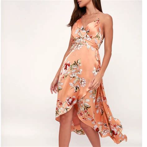 Lulus Peach Floral Satin High Low Wrap Dress Gem