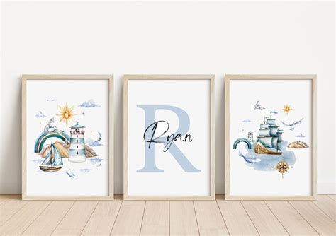 Set Of 3 Nautical Personalised Prints Seaside Prints Nautical Nursery