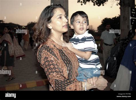 India Bollywood Film Actress Madhuri Dixit Nene With Son Mumbai