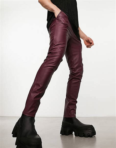 Asos Design Leather Look Skinny Trousers In Burgundy Asos