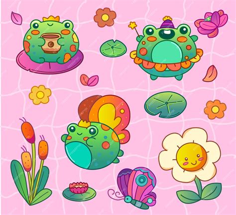 Premium Vector | Frog sticker set with cute elements