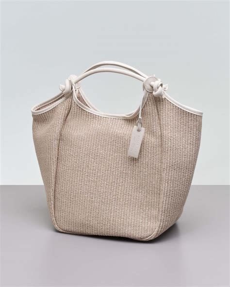 Borsa A Spalla In Raffia Intrecciata Color Ecr Con Profili In Pelle