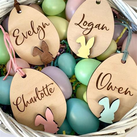 Easter Eggs In A Basket With Wooden Name Tags