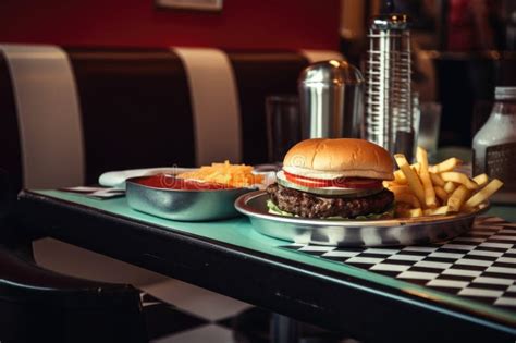 Classic Burger And Fries On Retro Diner Table Setting With Vintage