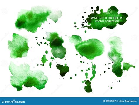 Set Of Green Watercolor Spots Isolated On White Background Stock