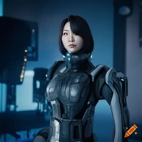 Asian Woman In High Tech Suit In A Futuristic Laboratory