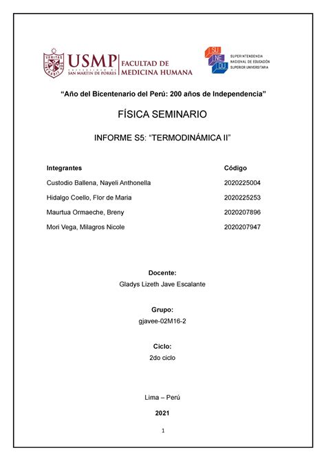 Informe Fisica Seminario S5 Año del Bicentenario del Perú 200 años