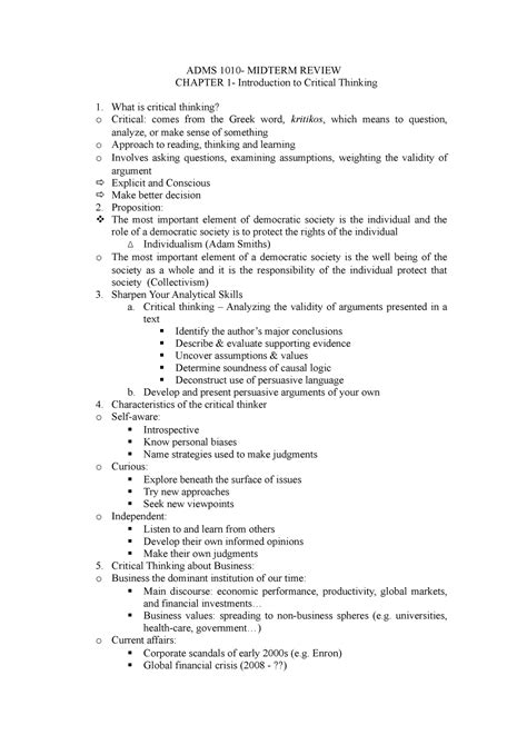 Adms Midterm Review Chapter Introduction To Critical Thinking