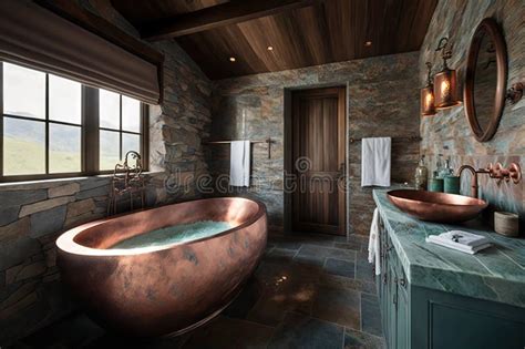 Luxury Bathroom With Copper Bathtub Stone Tiles And Modern Fixtures