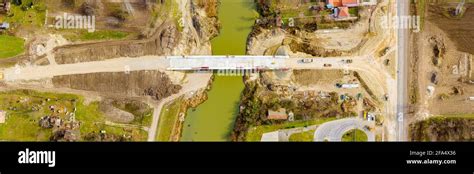 Panoramic Above Top View Overhead On Unfinished Bridge With