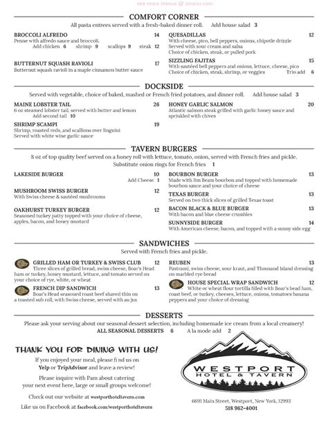 Menu At Westport Hotel And Tavern Pizzeria Westport