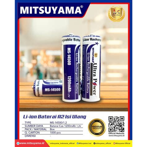 Jual Baterai Li Ion Mitsuyama A2 1 2V Isi Ulang MS 14500 1200mAh