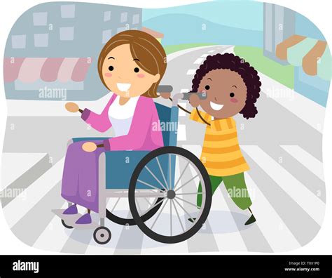 Illustration Of A Stickman Kid Girl Helping A Woman In Wheelchair Cross