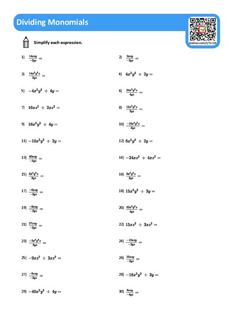 Dividing Monomials Worksheets