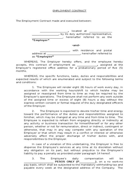 Probationary Employment Contract Form Contractual Term Employment