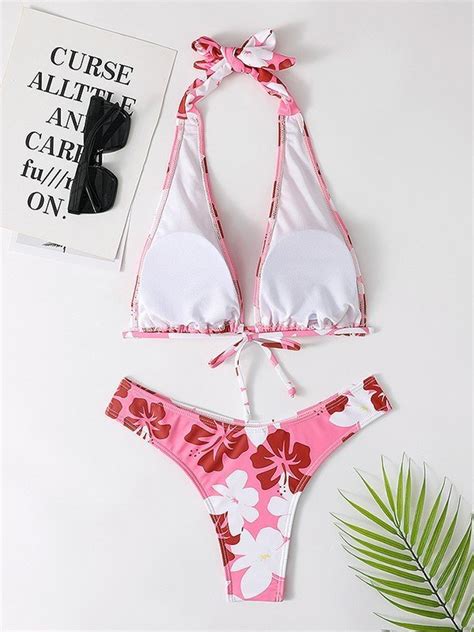 Emmiol Free Shipping Hibiscus Floral Print Bikini Set Pink M In