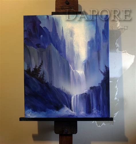 Misty Mountain Waterfalls Blue Original Painting On Canvas Original