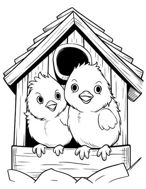 Un Dessin En Noir Et Blanc De Deux Oiseaux Dans Une Cabane Pour Oiseaux