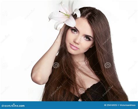 Beautiful Woman With Long Brown Hair Closeup Portrait Of Fashion Model