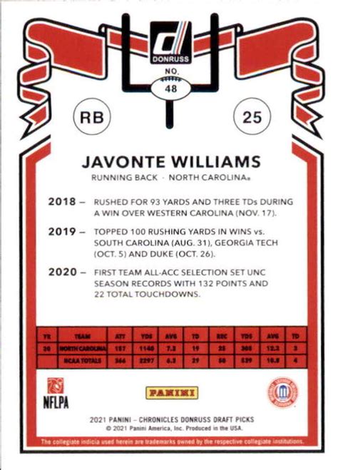 2021 Chronicles Draft Picks 48 JAVONTE WILLIAMS RC Donruss Retro North