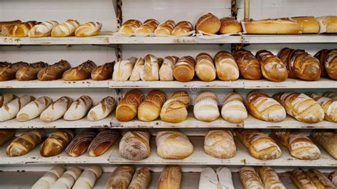 Freshly Baked Breads And Pastries Displayed On Shelves In A Bakery