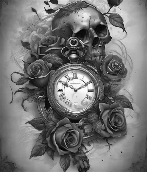 Skull Tattoo, Outline Design , Stopwatch Design, Tattoo Design, Skull ...