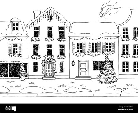 Christmas Street House Exterior Winter Graphic Black White Landscape