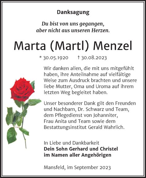 Traueranzeigen Von Marta Menzel Abschied Nehmen De